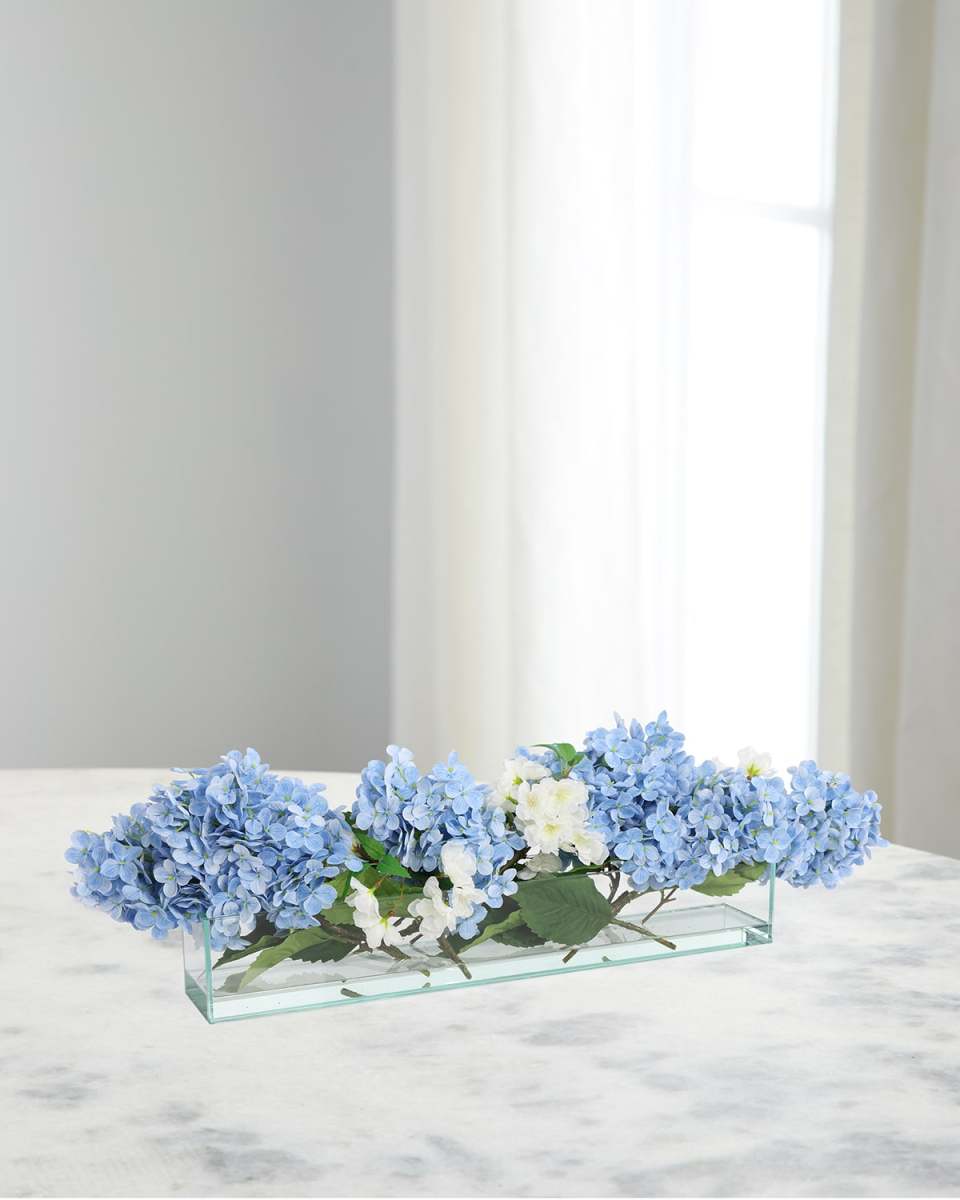 Blue Garden Hydrangea 34" Faux Floral Arrangement in Glass Container